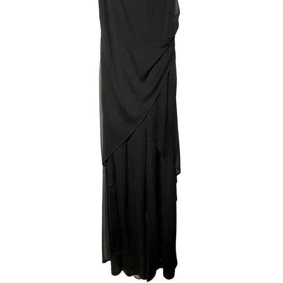 Cache Black Flare Leg Jumpsuit Ruched Semi Sheer Asymmetrical Overlay Sz 2 - Picture 2 of 6